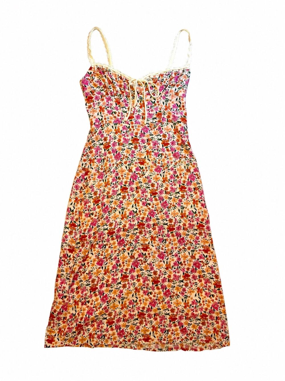 COMMENSE NWT Floral Lace Strap Tie Front Midi Dress M Cottagecore Y2K